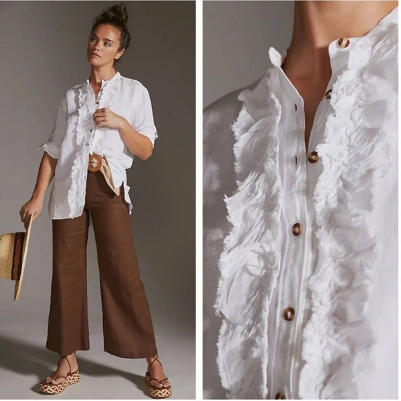 Anthropologie Pilcro Ruffled Placket Linen Blend Button Up Shirt Small - Picture 12 of 16